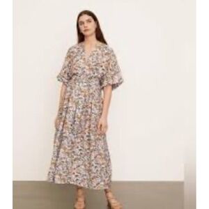Vince Wisteria Vine Cuffed Short Sleeve V Neck Dress Midi Length Size XL